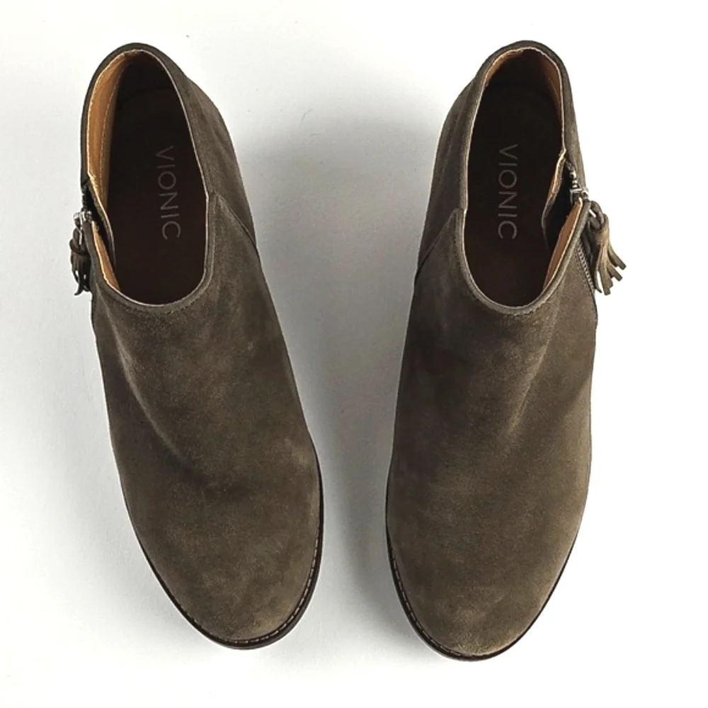 Vionic Joy Serena Taupe Kid Suede Tassel Side Zip Comfort Ankle Bootie